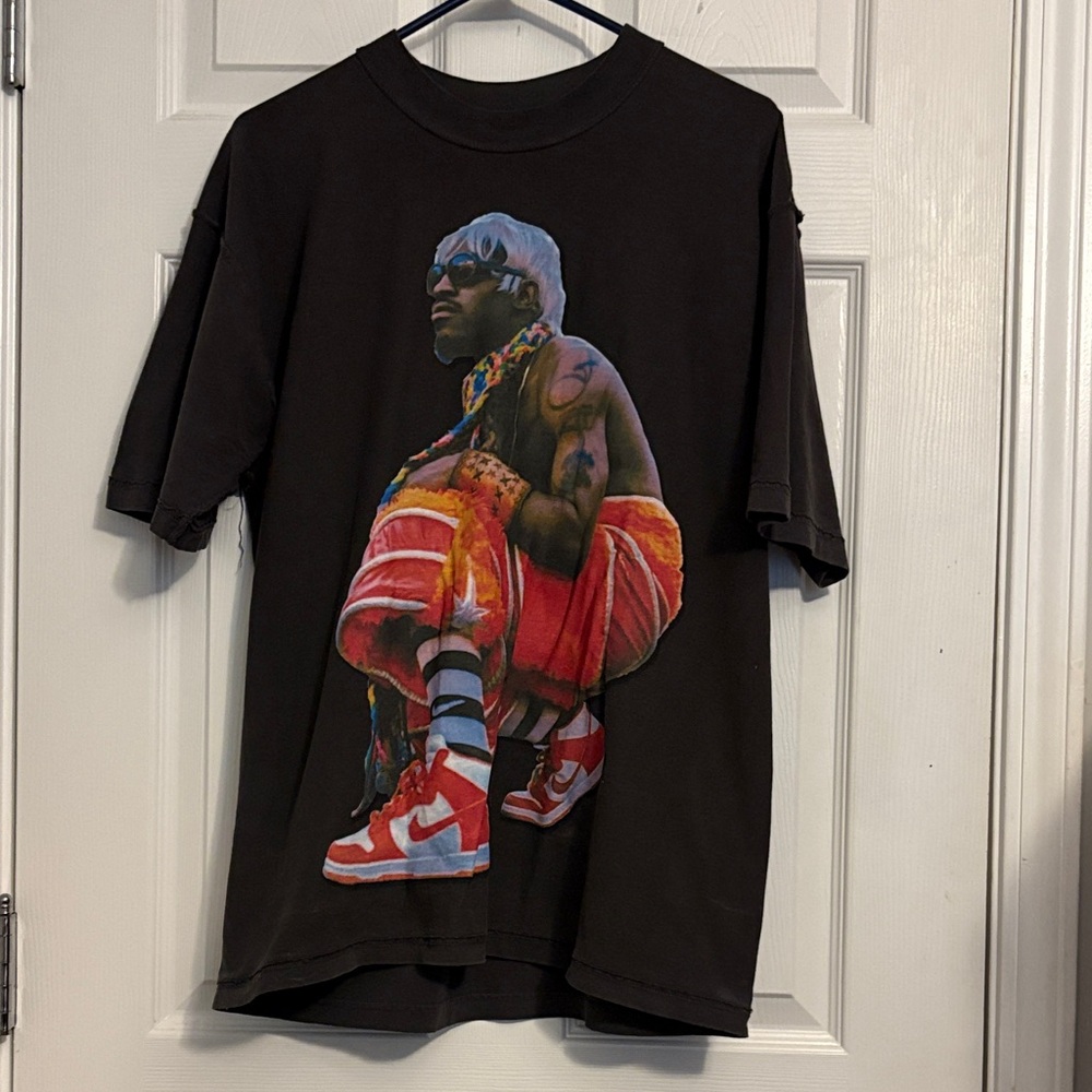 Black Graphic T-Shirt with Red and Orange Design